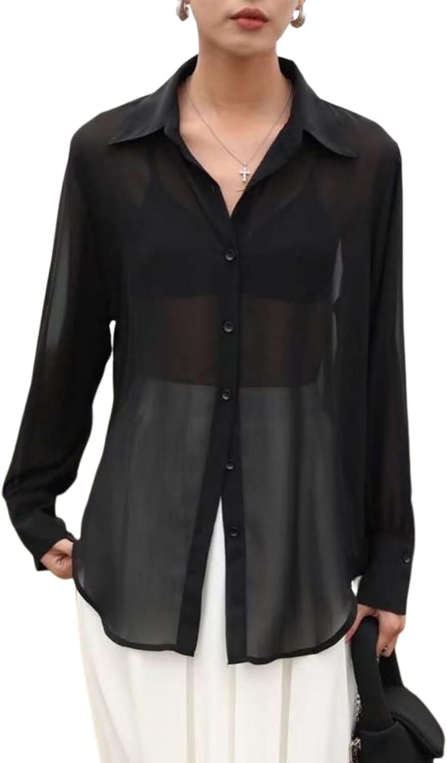 Gihuo Women Sheer Button Up Blouse Mesh Long Sleeve See Through Tops Sexy Mesh Shirts