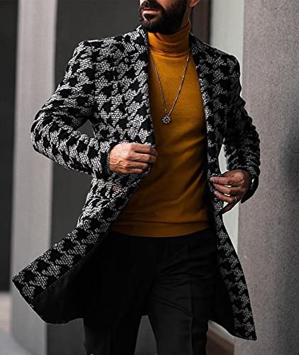 SOMTHRON Men's Casual Trench Coat Plaid Slim Fit Notched Collar Long Jacket Winter Overcoat Single Breasted Pea Coat2