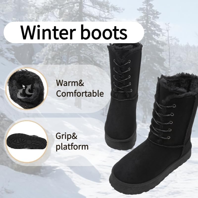 Uoidru Women's Snow Boots Mid-calf Boot Lace-up Winter Boots for Women Fur Lined Boot Womens Suede Platform Snow Boots - Image 6