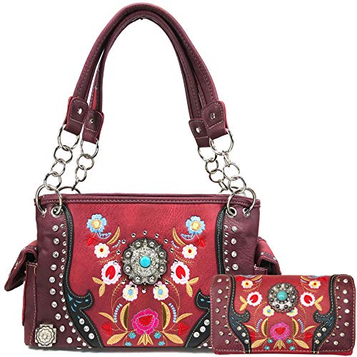 Zelris Embroidered Floral Laser Cut Turquoise Rhinestone Concho Concealed Carry Shoulder Handbag Wallet Set