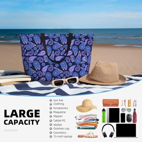 Large Beach Bags Water-resistant Sandproof - Purple Paisley Cute Beach Tote Bags for Women with Zipper4