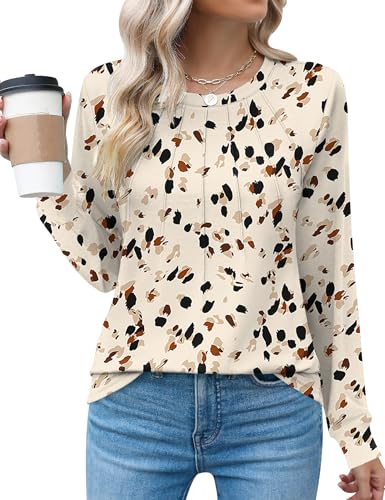 Rapbin Womens Casual Crew Neck Long Sleeve Pleated Tops Blouses Fashion Clothes 2024