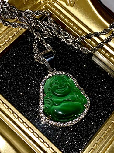 Laughing Buddha Dark Green Jade Pendant – 14k White Gold Filled Iced Necklace with Silver Rope Chain, Certified Grade A Jadeite Spiritual Jewelry4