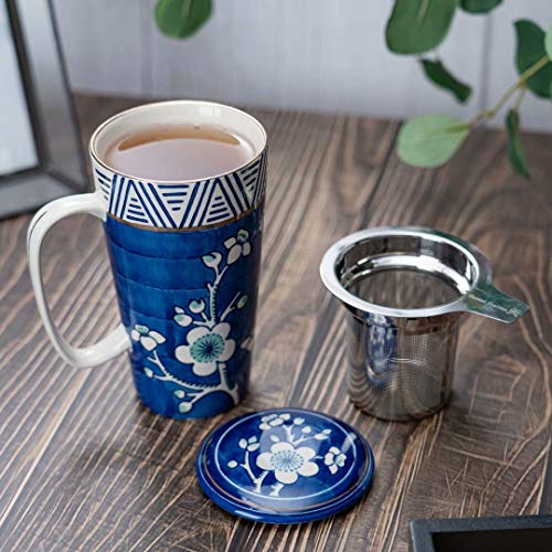 Taimei Teatime Hand Painted Tea/Coffee Mug, Ceramic Tea Cup with Infuser and Lid, 17 fl oz Large Tea Maker for Loose Leaf Tea, Blue and White - Thumbnail 5