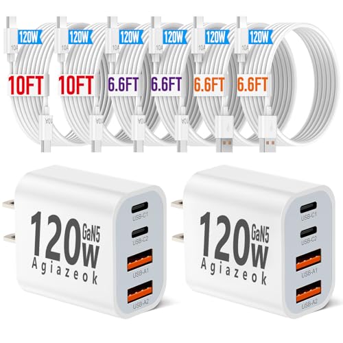 Image of 2PACK 120W USB C Fast Charging Block, 45W GaN5 Fast Charger USB C with Extra Long 10A 10 /6.6FT USB C Cable Fast Charger, 4Ports Type C Wall Charger for iPhone 17 /16 /15 /14 Pro Max, Galaxy, Mac Air iPad
