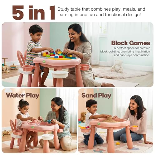 Image of BAYBEE Study Table with Chair for Kids | 5-in-1 Multifunctional Desk Set for 2+ Years baby | Activity Kids Study Table for Learning, Meals, Sand & Water Play | Children Study Table with Storage (Pink)