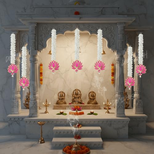 Image of Divyakosh Lotus Hanging with White Artificial Flowers 7 Pcs | Floral Wall Hangings for Home Decoration,Temple,Diwali,Ganpati & All Festival Decoration | 20 Inches Each |