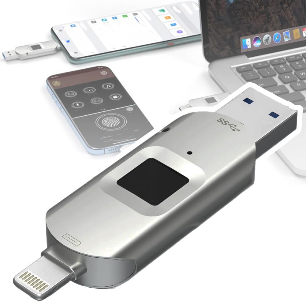 Odblokowanie linii papilarnych USB Flash Drive, ochrona hasłem dysk USB 2 w 1, szyfrowany pasek pamięci dla systemu Android/PC (7,6 x 2,15 x 0,85 cm) 64 GB