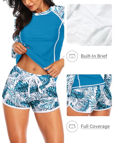 Women's Long Sleeves Rash Guard - 2 Piece Swimsuits with Built in Bra Swim Shirt and Shorts with Pockets Blue Leaf L