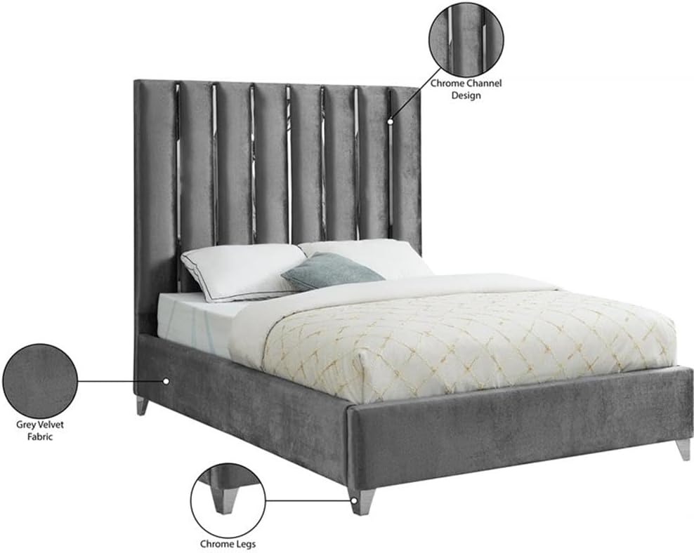 Pemberly Row Contemporary Full Bed, Solid Wood, Gray Velvet Upholstery, Chrome Channel Design, Chrome Legs, Headboard 64 in, No Box Spring Required, Modern Style Bedroom Furniture