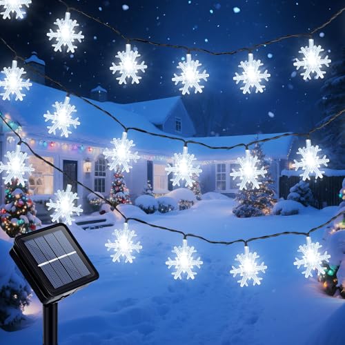 Ninonly Guirlande Lumineuse Extérieure Solaire, 7M 50 LED Flocon de Neige Guirlande Guinguette Étanche, 8 Modes Lumière Extérieur Décoration Noël Jardin Terrasse, Lampe pour Sapin de Noël
