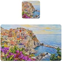 ALAZA Village of Manarola on the Cinque Terre Coast Italy with Flowers Stain Resistant Placemat for Dining Table Set of 2 PVC Leather Place Mats and 2 Cup Mats Easy to Clean Table Mats