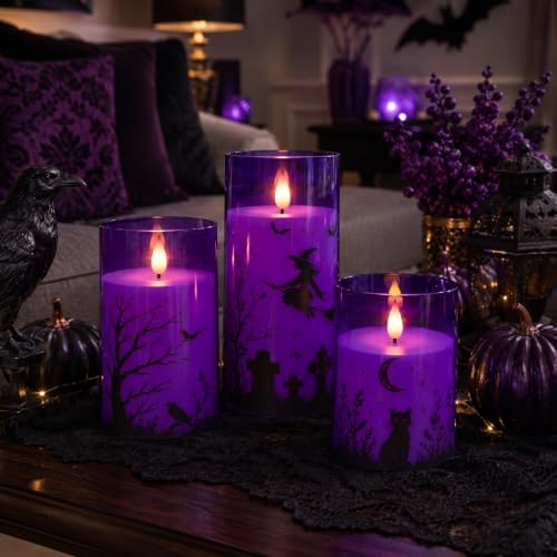 Image of Homemory Purple Halloween Flameless LED Candles with Remote Timer, Set of 3