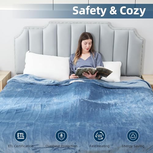 Electric Heated Blanket Throw Size, 50" x 60" Heated Throw with 6 Heating Levels & 3 Hours Auto Off, Machine Washable, ETL & FCC Certified Home Office Use, Blue