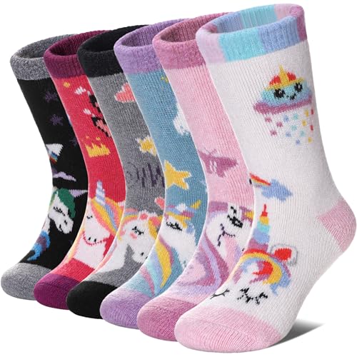 MQELONG Wool Socks for Kids Boys Girls Winter Warm Wool Hiking Thick Boot Cozy Crew Socks 6 Pairs (6 Pair Unicorn H, 4-7 Years)