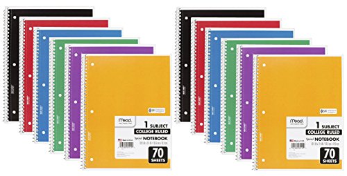 Mead Spiral Notebook, 1 Subject, 70 College Ruled Sheets, Assorted Colors, 12 Pack