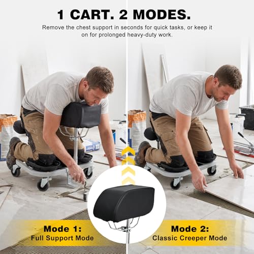 Image of Rolling Knee Creeper with Chest Support and Adjustable Seat 11.5 inch-15.5 inch Height Ergonomic Kneeling Cart 360 Mobility 5 Heavy Duty Casters with Tool Tray for Tile Installation, Flooring Work.
