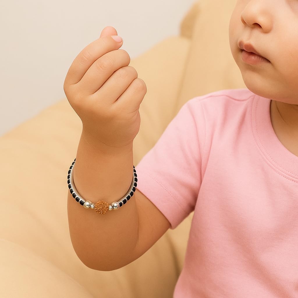 925 Sterling Silver Baby Bangles | Silver Adjustable Kids Bangles with Rudraksha Beads | Nazariya Bracelet for Boys & Girls | Safe Office Wear | Hallmarked for Infants & Toddlers | Age : 0 to 5 Years 1