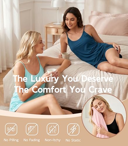 Image of NACHILA Women's Pajamas Set-Viscose Made from Bamboo,Sleeveless Sleepwear Cami Pajamas Shorts Sets Soft Nightwear Camisole Pj