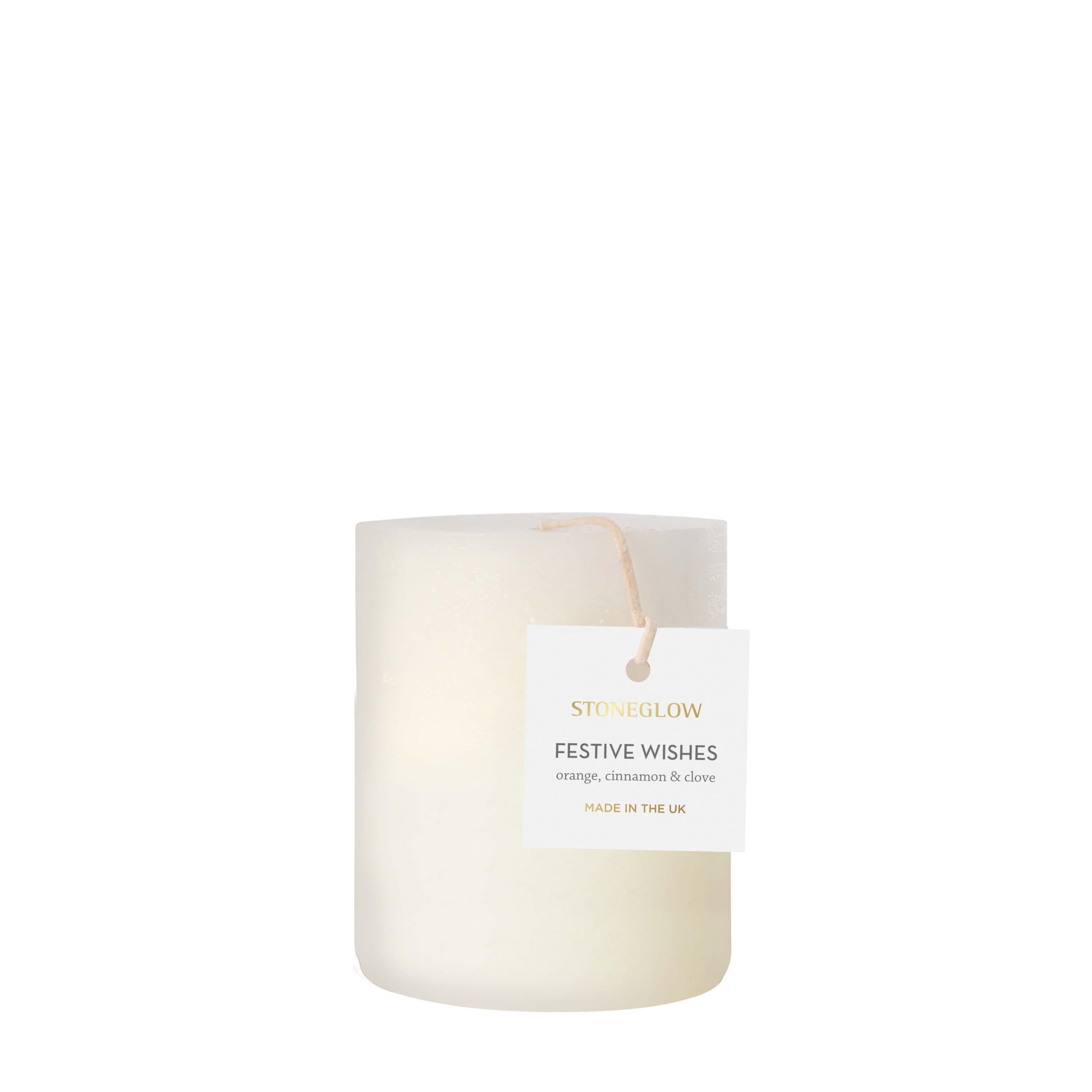 Stoneglow White & Gold Seasonal Collection - Festive Wishes - Orange, Cinnamon, Clove Short Pillar White