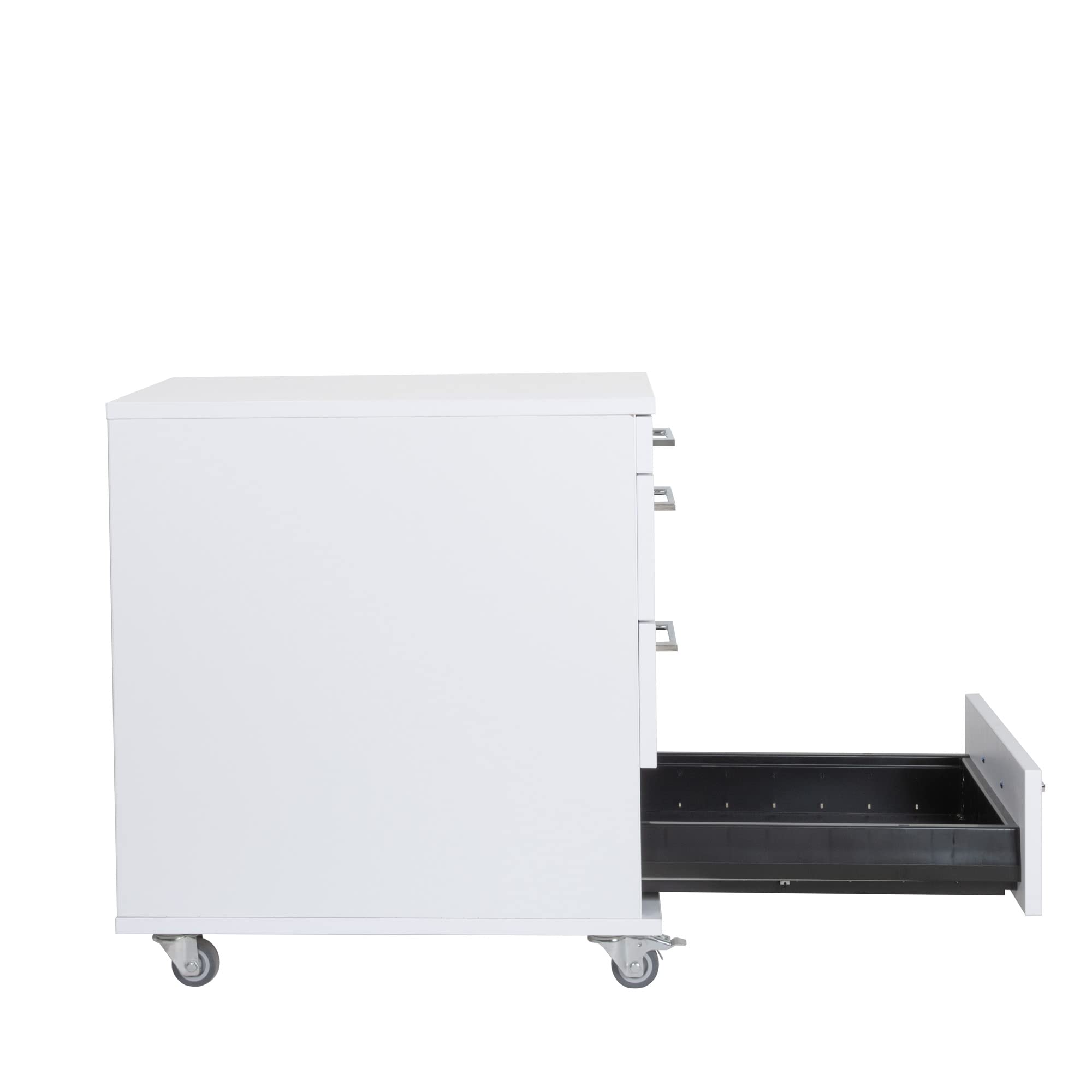 Rollcontainer 3 Schubladen + Materialauszug H 65 x B 43 x T 60 cm | Bürocontainer in Weiß | Schreibtischwagen abschließbar | Schubladenschrank für Schreibtisch aus eigener Fertigung