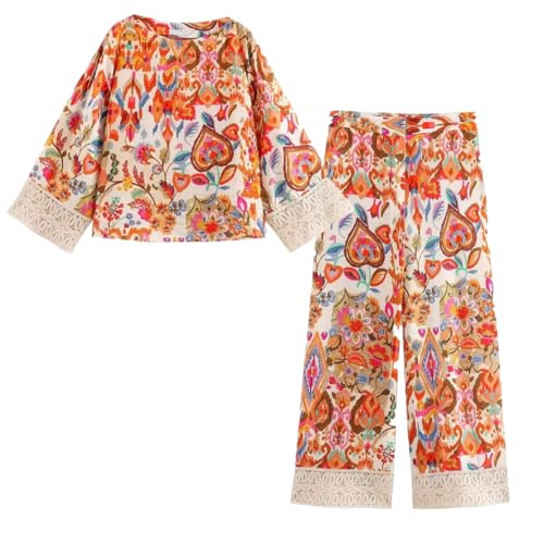 French Vacation Style Floral Print Lace Patchwork High Waisted Loose Wide Leg Pants Set Women