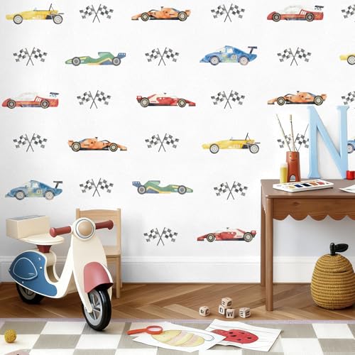 JarThenaAMCS 8 Sheets Race Car Wall Stickers Watercolor Racing Theme Vehicle Flag Wall Decals for Home Nursery Kids Room Bedroom Playroom Classroom Party DIY Decoration 9.8 x 13.7 inch