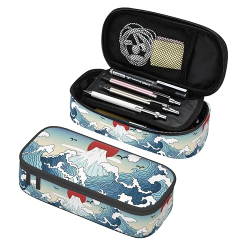 Image of Japanese Blue And White Waves And Mount Fuji Large Pencil Case, Pencil Pouch With Zipper Compartments Stationery Pencil Bag For Kids Teens Students School Supplies