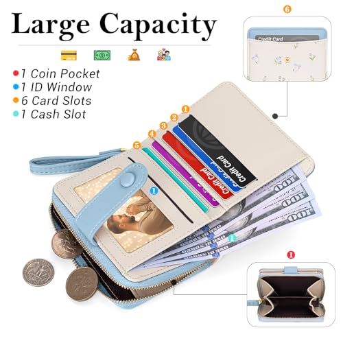 Image of BIAOTIE Wallet for Women Cute Floral Flower Wallet RFID Credit Card Holder Purse Small Bifold Zipper Coin Pocket Purse with ID Windows (T- Blue)