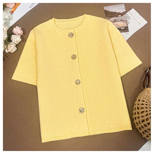 GORGLITTER Women's Short Sleeve Button Up Cardigan Crew Neck Lightweight Summer Cute Boho Knit Sweaters Tops3