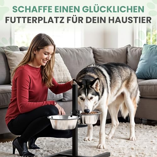 Oramics Hundebar Fressnapf Höhenverstellbar deluxe für Welpen und große Hunde mit zwei Edelstahl-Näpfen als Futternapf und Wasser-Napf