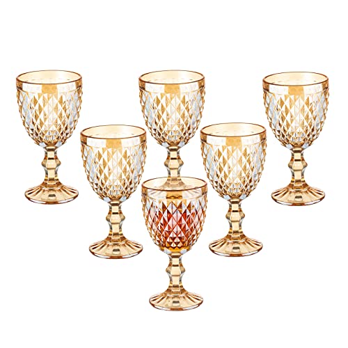 Vintage Wine Glasses Set of 6, 10 Ounce Colored Glass Water Goblets, Unique Embossed Pattern High Clear Stemmed Glassware Wedding Party Bar Glass Drinking Cups Diamond Amber