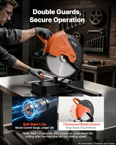 Image of VEVOR Chop Saw 16-inch Cold Cut Blade 3000 W Powerful Motor Cut Off Saw | For Cutting Metal, -45 to 45 Adjustable Angle, Efficient Dry Cutting, Stable, with Thickened Blade Guard and Scale Ruler