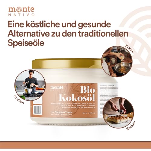 Kokosöl Bio Monte Nativo (200ml) - Coconut Oil - Kokosnussöl in Rohkostqualität - Reines Kokosfett - Bio Kokosöl nativ kaltgepresst zum Kochen, Braten und Backen, für die Haare, Zähne und Haut