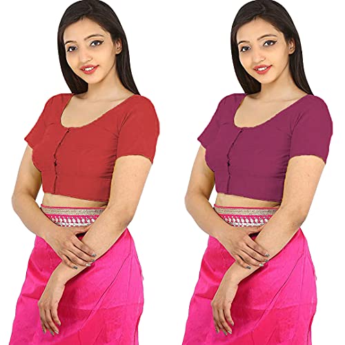 Image of Namita Women's Rubia Cotton Half Sleeve Readymade Blouse (U-COT-COM-2-CHESTNUT-CANNONPINK-36 Chestnut, Cannon Pink 36)