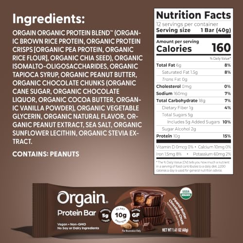 Orgain Organic Vegan 10g Protein Bars, Peanut Butter Chocolate Chunk, 12 Pk - image 2