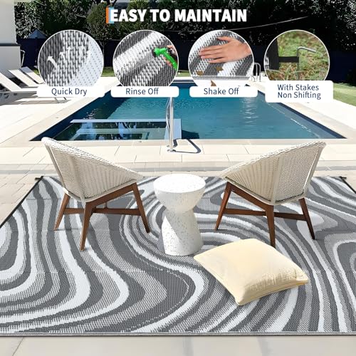 Image of Garvee Waterproof Outdoor Rug 10x14 Abstract Outdoor Camping Rug, Grey