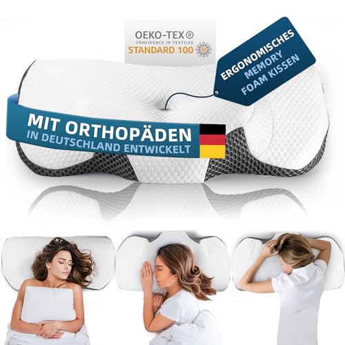 IDEA Kopfkissen Nackenschmerzen, Orthopädisches Kissen aus Memory Foam Pillow, Ergonomisches Nackenkissen Kopfkissen für optimale Unterstützung, Antischnarchkissen für Seiten Rücken & Bauchschläfer