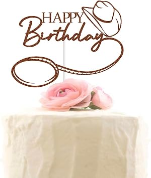 XIUHUBA Western Theme Happy Birthday Cake Topper, Mexican Birthday Party, Cowboy Birthday Party Decorations Brown Glitter