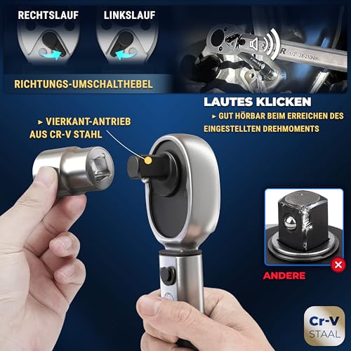 S&R 1/2 Zoll Drehmomentschlüssel Auto Set 28-210 Nm, Drehmomentschlüssel Motorrad 475 mm, Verlängerung 125 mm, 3 Stecknüsse 17, 19… – Ansicht 5