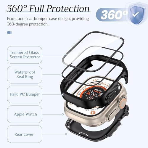 Image of VEMIGON Waterproof Case for Apple Watch Ultra 3 / Ultra 2 / Ultra with Tempered Glass Screen Protector 49mm, Full Coverage Hard PC Bumper Back Frame, Protective Cover for iWatch Ultra- (49mm Black)