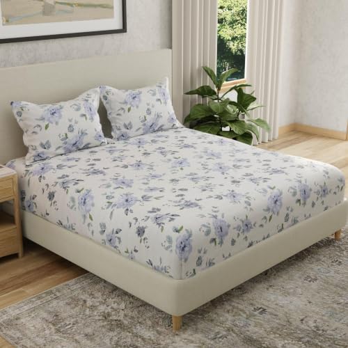 Image of Huesland by Ahmedabad Cotton 144 TC Cotton Elastic Fitted Bedsheet King Size with 2 Pillow Covers | 72 x 78 inches