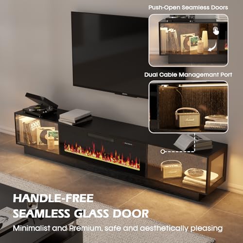 Image of WALEAF 80 inch Fireplace TV Stand, Modern Glass TV Table Stand with Fireplace for TVs Up to 90 inch, LED Light Entertainment Center with Large Storage, TV Consoles for Living Room (Black+Glass Door, 80 inch)