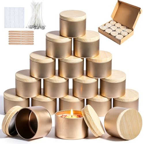 Hiztghc Candle Jars Bulk, 12 Packs Candle Jars with Lids, 8 Oz Empty Candle Tins, Candle Containers for Making Candles, Candle Tin with Wood-Grain Lids (Champagne Gold with Woodgrain Lid, 8oz-12pcs)