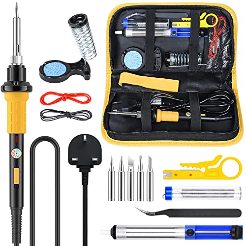 SEEKONE Kit de soldador 15 en 1 60 W Temperatura ajustable 220 ℃ - 480 ℃ Herramienta de soldadura con 5 puntas de soldadura, bomba de desoldamiento, soporte de soldador, cortador de alambre, pinzas Cover