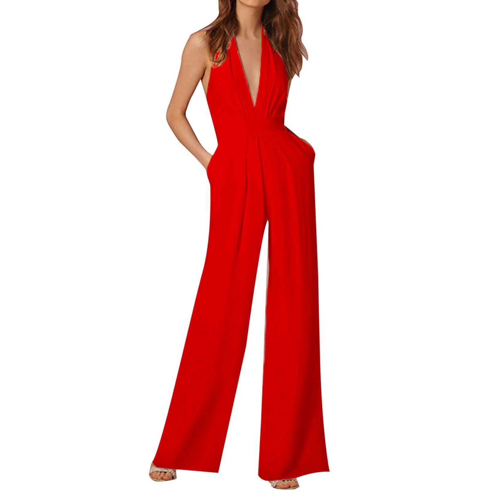 Mono de una pieza para mujer, elegante, sin mangas, cuello en V, informal, de pierna ancha, de color liso, de una pieza, para ceremonias