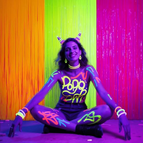 Image of Mega-L Glow in The Dark Party Backdrop, 6 Pack Neon Fringe Curtains | Neon Birthday Decorations, Fluorescent Tinsel Foil Backdrop Streamers for Birthday Wedding Decor