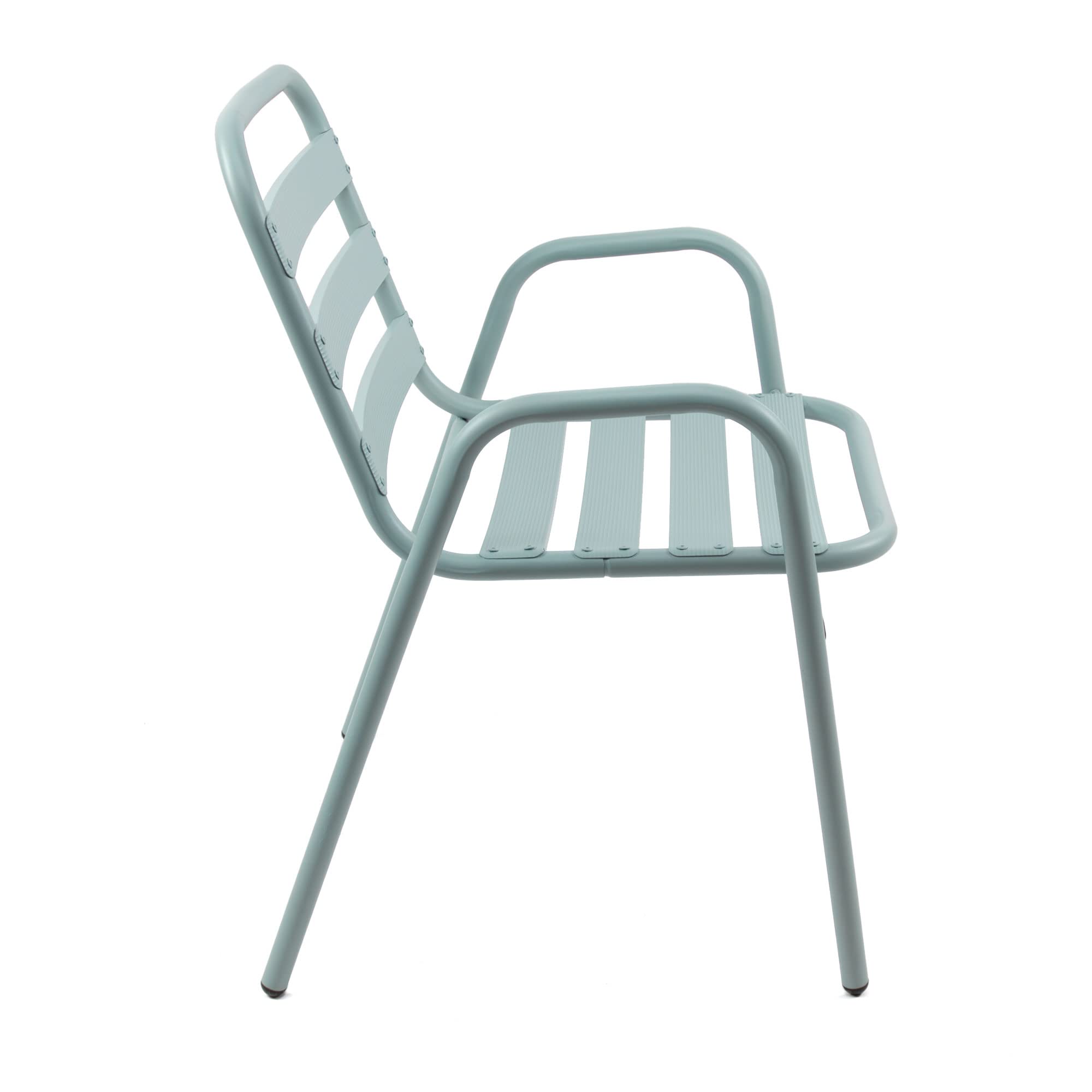 THE SECRET HOME - Silla de Aluminio con Reposabrazos para Jardín - Alto 76 cm x Largo 56 cm x Ancho 48 cm - Color Verde Claro - Asiento Apilable de Exterior para Balcón, Terraza y Jardín