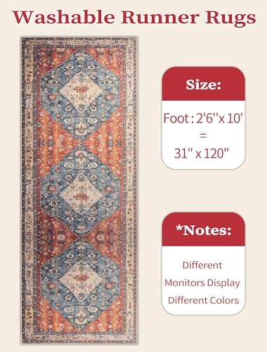 SERISSA Boho Washable Runner Rug, 2'6"x10' Long Non-Slip Tribal Hallway Kitchen Stair Runner Rug Ultra Soft Print Distressed Vintage Floor Carpet for Bedroom Bathroom Laundry Room