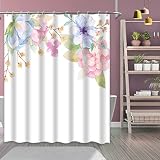 Verngo Blue Pink Floral White Shower Curtain Abstract Aesthetic Blooming Yellow Flowers Green Leaves